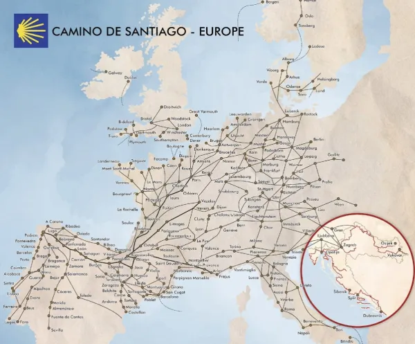 A map of Camino routes in Europe, September 2023. Photo credit: Confraternity of St. James - Croatia