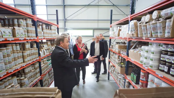 At the inauguration of the new building, Claude Delpech shows the products on the shelves in Coux and Bigaroque, France, June 22, 2016. Credit: Les Jardins de Sainte-Hildegarde
