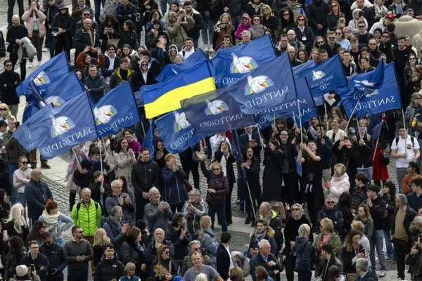 During his Angelus remarks March 3, 2024, Pope Francis gave a shoutout to some young Ukrainians in the crowd gathered below in St. Peter’s Square, thanking them for their commitment to helping those who are suffering due to the war. The Ukrainians took part in a meeting in Rome organized by the Catholic community of Sant’Egidio with the theme “Overcome Evil with Good.” Credit: Vatican Media