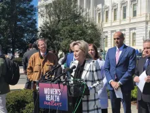 Sen. Cindy Hyde-Smith, R-Mississippi, urges the Supreme Court to restore abortion pill restrictions at a Capitol Hill press conference hosted by Reps. Chris Smith, R-New Jersey, and August Pfluger, R-Texas, Mar. 21, 2024.