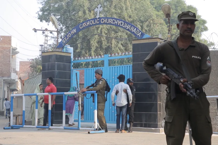 Security forces guard St. John’s Catholic Church in Youhanabad, Lahore, Pakistan, in 2019.?w=200&h=150