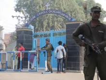 Security forces guard St. John’s Catholic Church in Youhanabad, Lahore, Pakistan, in 2019.