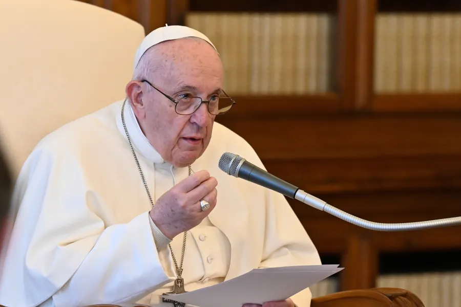 Pope Francis speaks from the Apostolic Palace during his general audience livestream April 14, 2021.?w=200&h=150