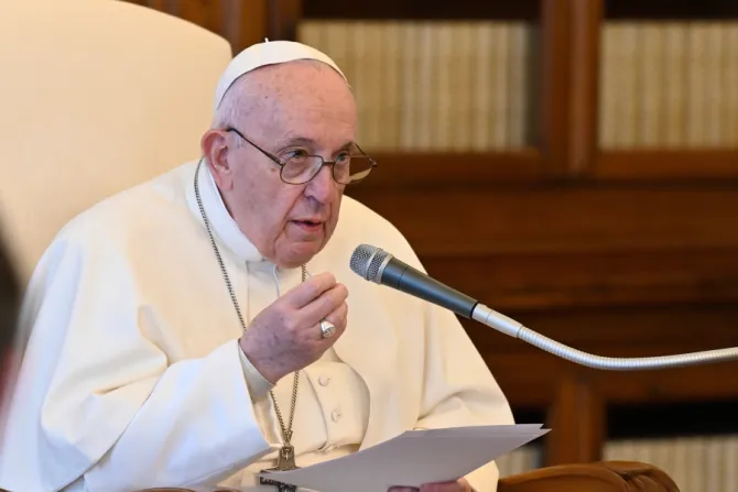 Pope Francis speaks at his general audience April 14, 2021.
