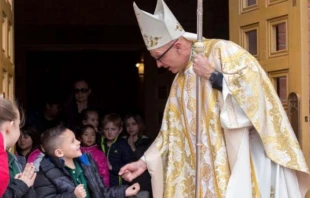 Bishop James Wall of Gallup greets parishioners following Mass at Sacred Heart Cathedral. Photo courtesy of the Diocese of Gallup.