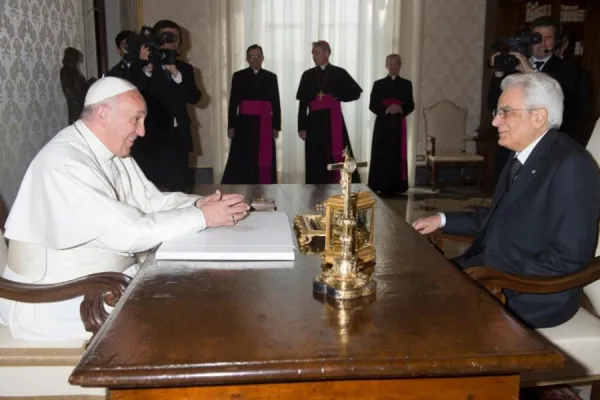 Pope Francis receives Italian President Sergio Mattarella in the Vatican’s Apostolic Palace on April 18, 2015. Vatican Media.