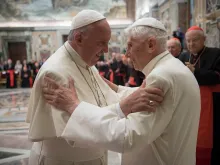 Pope Francis and Pope Emeritus Benedict XVI greet each other at the 65th priestly ordination of Pope Emeritus XVI at the Clementine Hall.