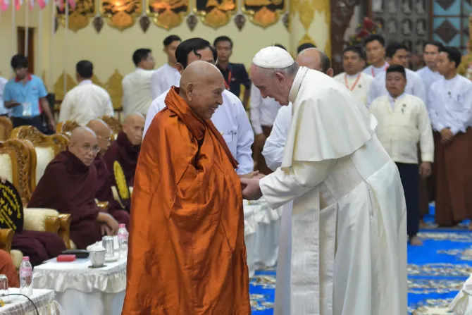 Pope Francis meets with Bhaddanta Kumarabhivamsa, head of the Supreme Sangha Council, during a meeting in Yangon, Myanmar, Nov. 29, 2017
