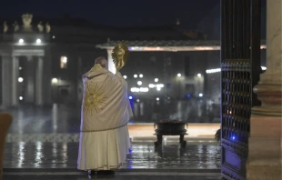 Pope Francis gives an extraordinary Urbi et Orbi blessing from the entrance of St. Peter’s Basilica March 27, 2020 Vatican Media.