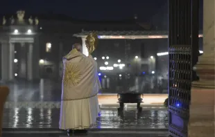 Pope Francis gives an extraordinary Urbi et Orbi blessing from the entrance of St. Peter’s Basilica March 27, 2020 Vatican Media.
