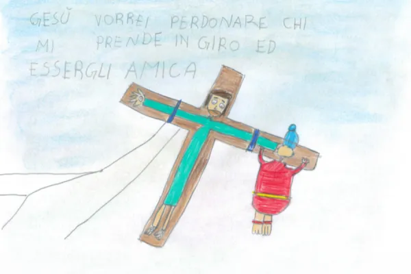 The Eleventh Station, Jesus is nailed to the cross, drawn by children for the Via Crucis in St. Peter’s Square, April 2, 2021. The inscription reads: ‘Jesus I would like to forgive those who make fun of me and be friends with them’ / Vatican Media.