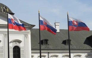 The Slovakian flag flies at the Presidential Palace in the capital, Bratislava. Jorge Andrade via Wikimedia (CC BY 2.0).