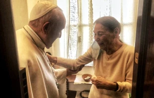 Pope Francis visits Holocaust survivor Edith Bruck at her home in Rome, Feb. 20, 2021. Vatican Media.