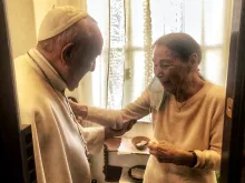 Pope Francis visits Holocaust survivor Edith Bruck at her home in Rome, Feb. 20, 2021.