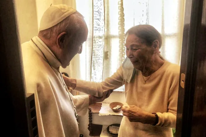 Pope Francis visits Holocaust survivor Edith Bruck at her home in Rome, Feb. 20, 2021