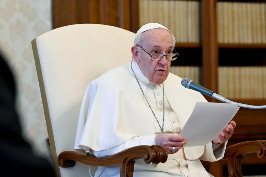 Pope Francis delivers a general audience address in the library of the Apostolic Palace.?w=200&h=150