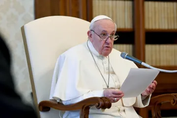 Pope Francis delivers a general audience address in the library of the Apostolic Palace