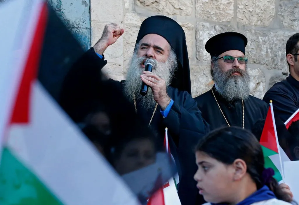 Theodosios (Atallah Hanna), the Greek Orthodox Archbishop of Sebastia, delivers a speech during a demonstration in Beit Jala in the West Bank May 17, 2021 to express solidarity with Gaza and Sheikh Jarah. Credit: Hazem Bader/AFP via Getty Images.?w=200&h=150