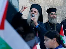 Theodosios (Atallah Hanna), the Greek Orthodox Archbishop of Sebastia, delivers a speech during a demonstration in Beit Jala in the West Bank May 17, 2021 to express solidarity with Gaza and Sheikh Jarah. Credit: Hazem Bader/AFP via Getty Images.