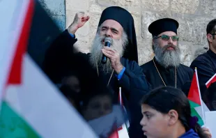 Theodosios (Atallah Hanna), the Greek Orthodox Archbishop of Sebastia, delivers a speech during a demonstration in Beit Jala in the West Bank May 17, 2021 to express solidarity with Gaza and Sheikh Jarah. Credit: Hazem Bader/AFP via Getty Images. 