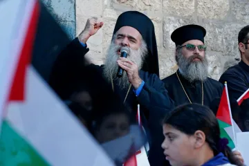 Theodosios (Atallah Hanna), the Greek Orthodox Archbishop of Sebastia, delivers a speech during a demonstration in Beit Jala in the West Bank May 17, 2021 to express solidarity with Gaza and Sheikh Jarah. Credit: Hazem Bader/AFP via Getty Images.