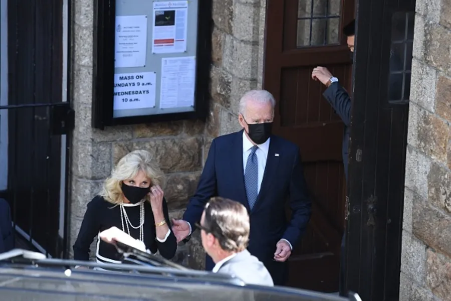 US President Joe Biden and First Lady Jill Biden leave Mass in St Ives, Cornwall during the G7 summit on June 13, 2021.?w=200&h=150