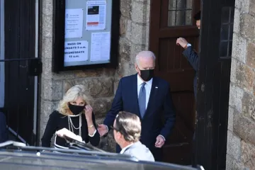 US President Joe Biden and First Lady Jill Biden leave Mass in St Ives, Cornwall during the G7 summit on June 13, 2021.