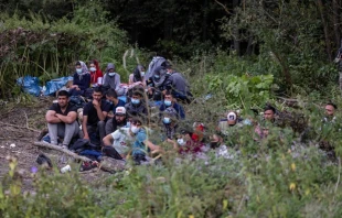 A group of migrants trapped at the border between Poland and Belarus, near the Polish village of Usnarz Górny. Wojtek Radwanski/AFP via Getty Images.