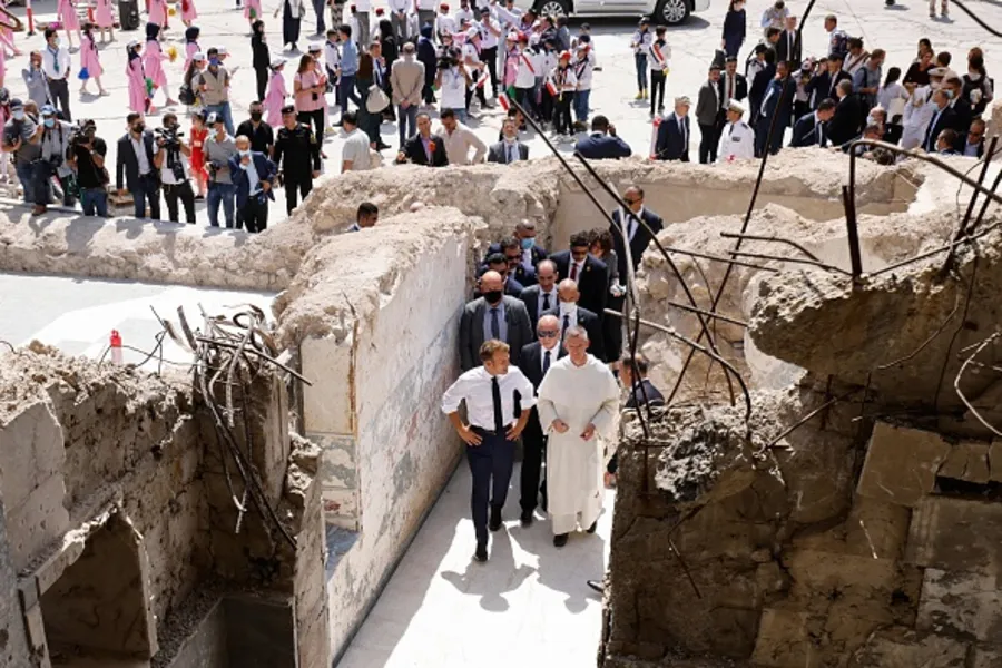 French President Emmanuel Macron tours Our Lady of the Hour Church in Mosul, Iraq, Aug. 29, 2021.?w=200&h=150