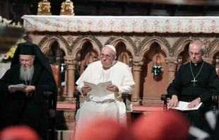 Pope Francis, Archbishop Justin Welby, and Patriarch Bartholomew I at the Basilica of St. Francis of Assisi, Italy, Sept. 20, 2016. Tiziana Fabi/AFP via Getty Images.