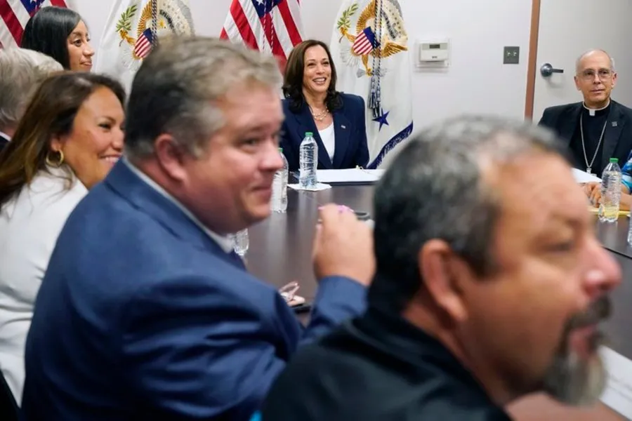 Vice President Kamala Harris (center-back) and Bishop Mark Seitz of El Paso (back right) at an immigration roundtable at El Paso International Airport on Friday, June 25, 2021.?w=200&h=150