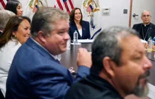 Vice President Kamala Harris (center-back) and Bishop Mark Seitz of El Paso (back right) at an immigration roundtable at El Paso International Airport on Friday, June 25, 2021. Hope Border Institute
