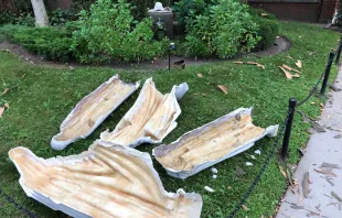 Remains of the statues vandalized at Our Lady of Mercy parish in New York City, July17, 2021. Credit: Diocese of Brooklyn. 