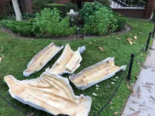 Remains of statues vandalized at Our Lady of Mercy parish in New York City, July17, 2021. Credit: Diocese of Brooklyn.