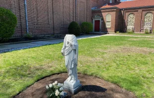 A statue of Christ at St. Charles Borromeo parish in Waltham, Mass., that was vandalized May 2-3, 2021. 