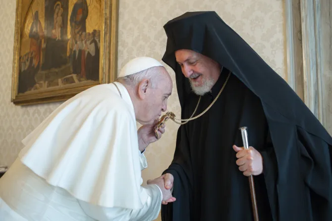 Pope Francis with Orthodox Metropolitan Emmanuel of Chalcedon on June 28, 2021.