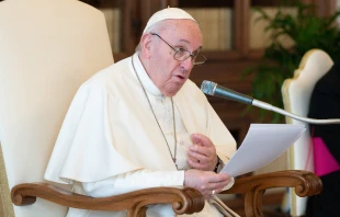 Pope Francis at his general audience address in the library of the Apostolic Palace March 17, 2021 Vatican Media