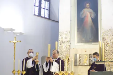 Archbishop Gintaras Grušas celebrates Mass at the Sanctuary of the Divine Mercy in Vilnius, Lithuania.