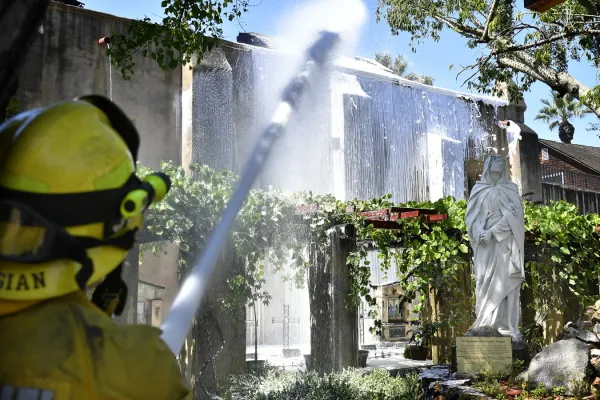 The July 11, 2020 early morning fire at San Gabriel Mission burned the roof and most of the interior of its sanctuary. / John McCoy