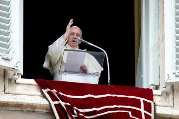 Pope Francis gives a blessing after his Angelus address on Aug. 30, 2020.