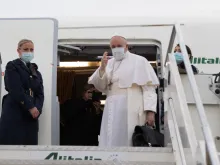 Pope Francis boards his flight to Baghdad, Iraq on March 5, 2021.