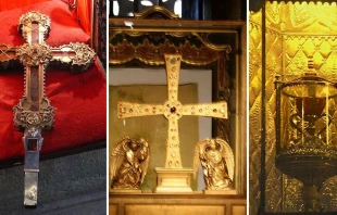 From left: Relic of the Lignum Crucis, Holy Shroud, and Holy Chalice. Wikipedia / Public Domain.
