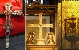 From left: Relic of the Lignum Crucis, Holy Shroud, and Holy Chalice. Wikipedia / Public Domain.