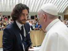 "The Chosen" actor Jonathan Roumie meets Pope Francis at the Vatican on Aug. 11, 2021.
