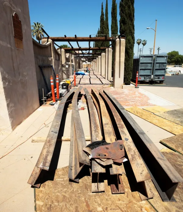 The mission church’s steel beams were warped by the intense fire. They had to be carefully removed and replaced by new ones last month. / Victor Alemán