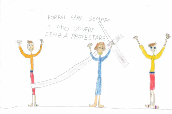 The Second Station, Jesus takes up his cross, drawn by children for the Via Crucis in St. Peter's Square, April 2, 2021. The inscription reads: ‘I would like to always do my duty without protesting.’ / Vatican Media.