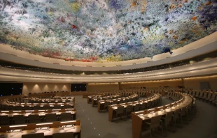 The meeting room of the United Nations Human Rights Council, in the Palace of Nations in Geneva, Switzerland. Ludovic Courtès via Wikimedia (CC BY-SA 3.0).