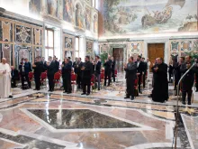 Pope Francis meets with members of the Pius XI regional pontifical seminary in Ancona, Italy, June 10, 2021.