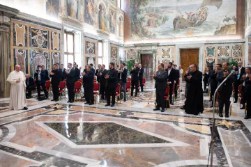 Pope Francis meets with members of the Pius XI regional pontifical seminary in Ancona, Italy, June 10, 2021.