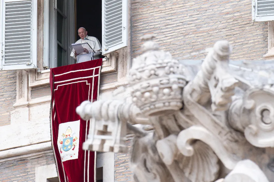 Pope Francis delivers a Regina Coeli address in the library of the Apostolic Palace.?w=200&h=150
